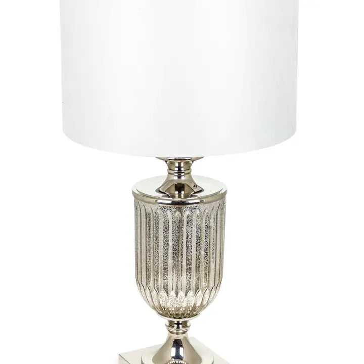Antiqued Glass Urn Lamp with Silver Velvet Cylinder Shade - 85cm