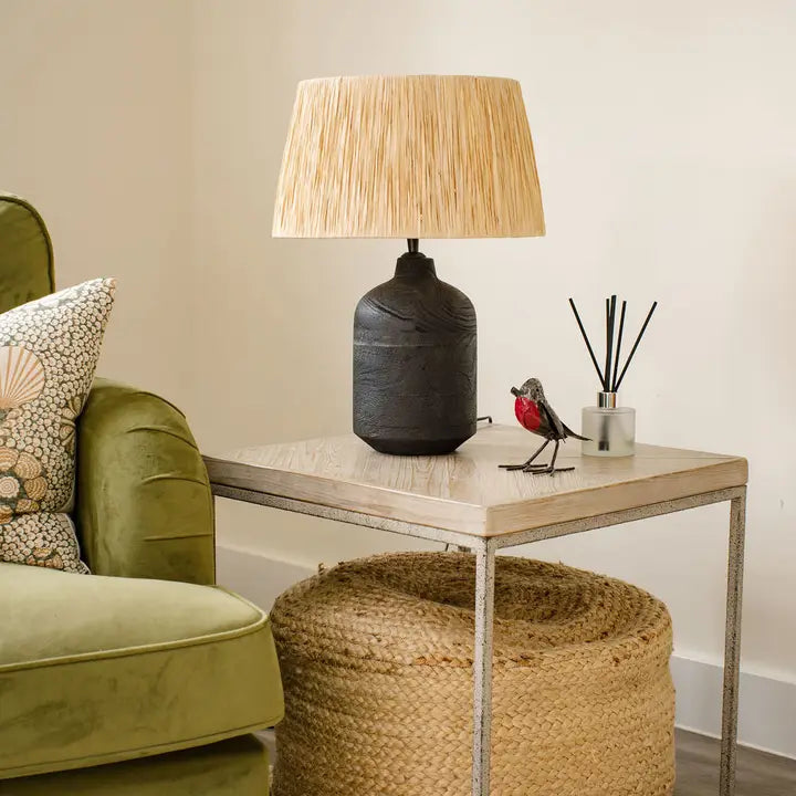 Easton, Black Sandblasted Medium Table Lamp with Raffia Shade - 49cm