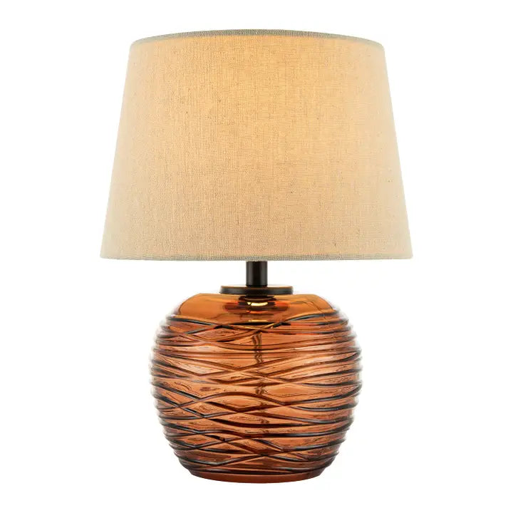 Amber Glass Table Lamp with Oatmeal Beige Linen Fabric Shade - 31cm