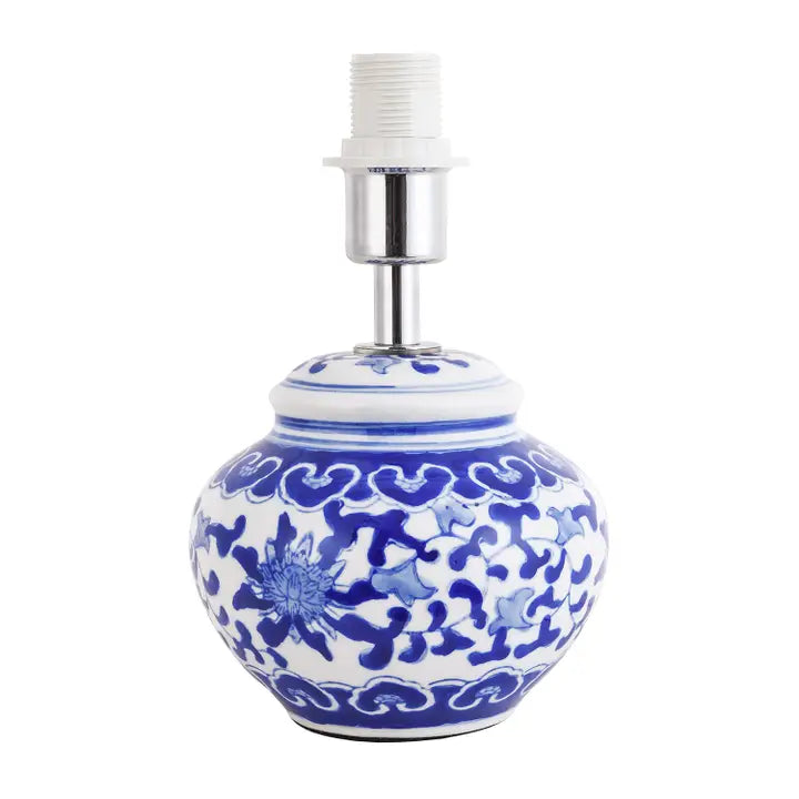 Hand Painted Oriental Floral Themed Ceramic Table Lamp Base in Blue and White - 20cm