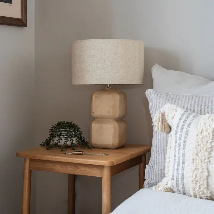 Pensford, Medium Carved Wooden Table Lamp with Beige Shade - 51cm