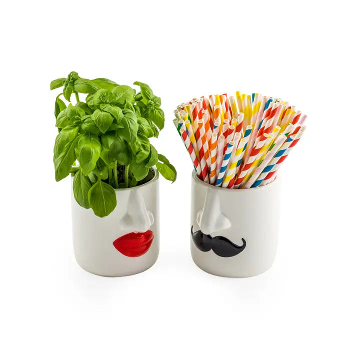 Mr & Mrs Set of 2 White Ceramic Pots