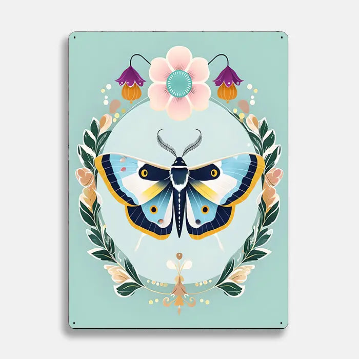Moth Floral Wreath Scandinavian Folk Metal Sign Plaque