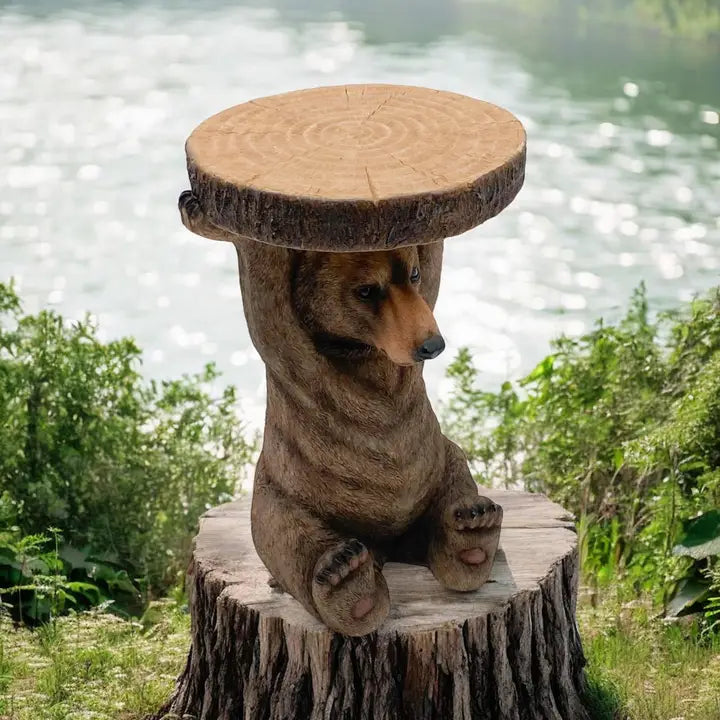 Brown Bear Holding "Trunk Slice" Side Table - 36cm