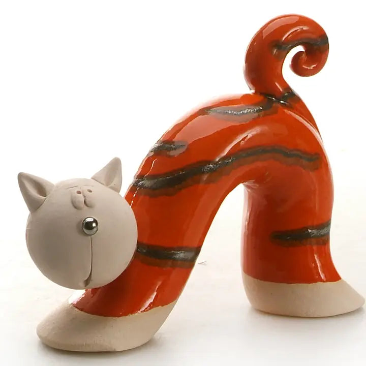 Artisan Ceramic Bow Cat Figurine in Orange - 14cm