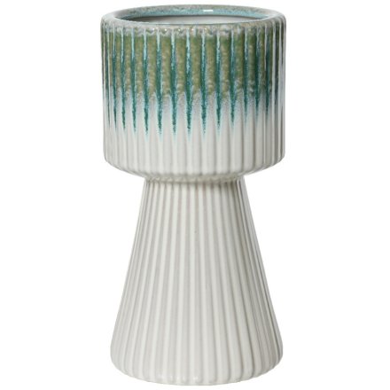Green Ribbed Pedestal Planter - 29cm