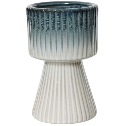 Blue Ribbed Pedestal Planter - 19.5cm