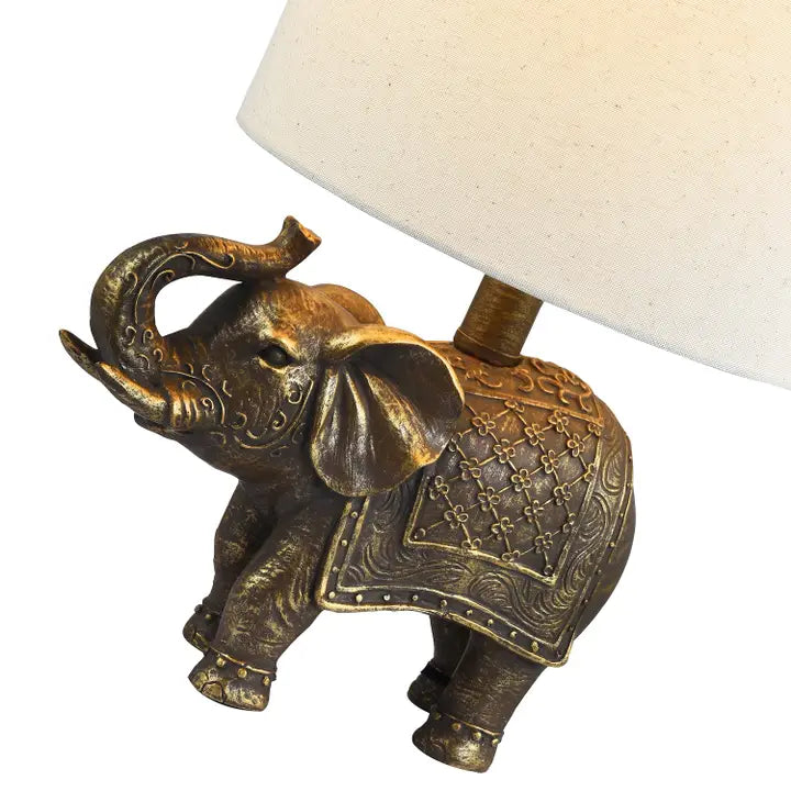 Antique Gold Vintage Elephant Resin Lamp with Off-White Oatmeal Linen Shade - 38cm