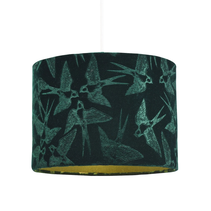 Bird Decorated Soft Velvet Fabric Lamp Shade with - 10" - Green