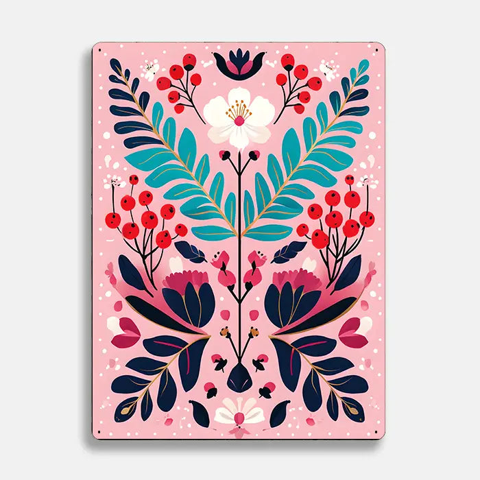 Pink Floral Design Scandinavian Folk Metal Sign Plaque