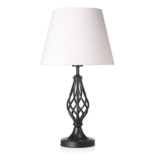 Matte Black Table Lamp with Barley Twist Base and White Linen Shade - 52cm