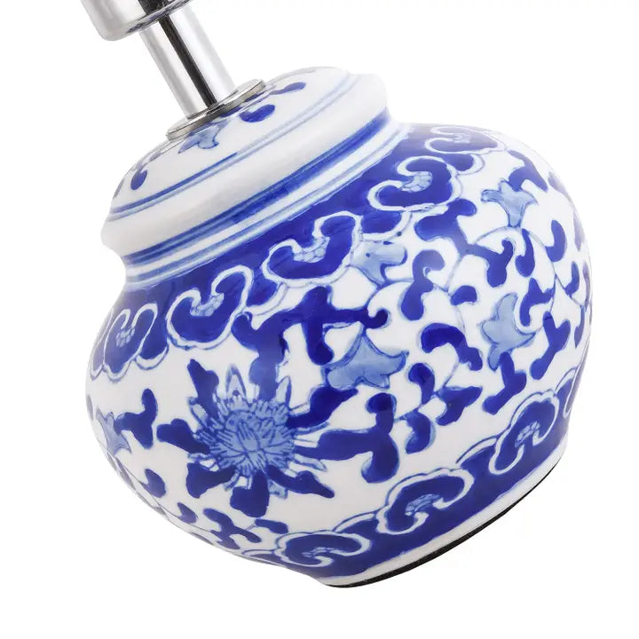 Hand Painted Oriental Floral Themed Ceramic Table Lamp Base in Blue and White - 20cm
