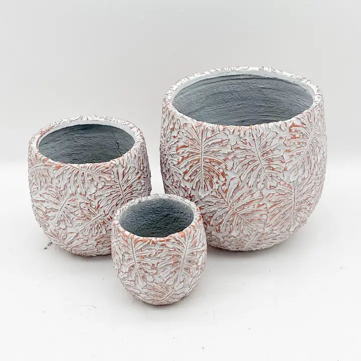 Set of 3 Leaf Embossed Cement Pots - 23/33/45cm