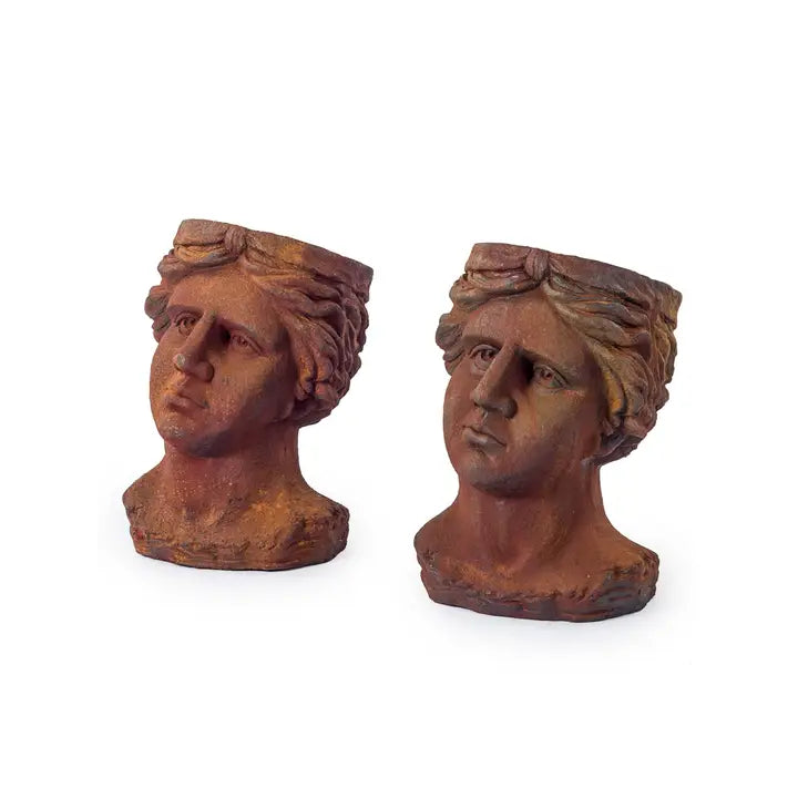 Set of 2 Antiqued Rusted Classical Head Planters - 47cm