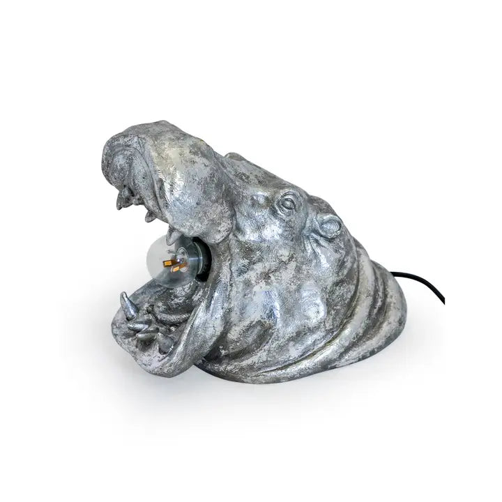 Antique Silver Roaring Hippo Table Lamp - 27.5cm