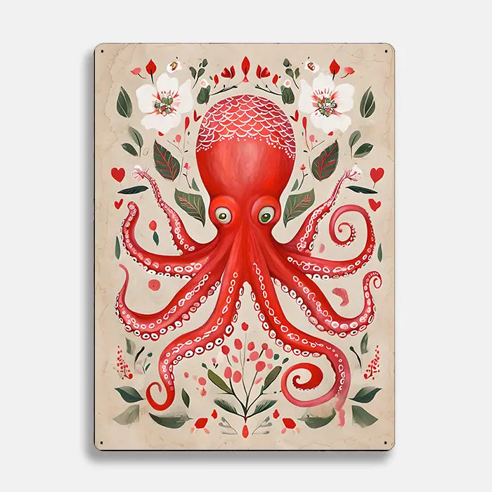 Red Octopus Scandinavian Folk Metal Sign Plaque