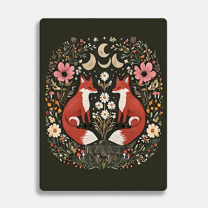 Fox Moon Flowers Scandinavian Folk Metal Sign Plaque