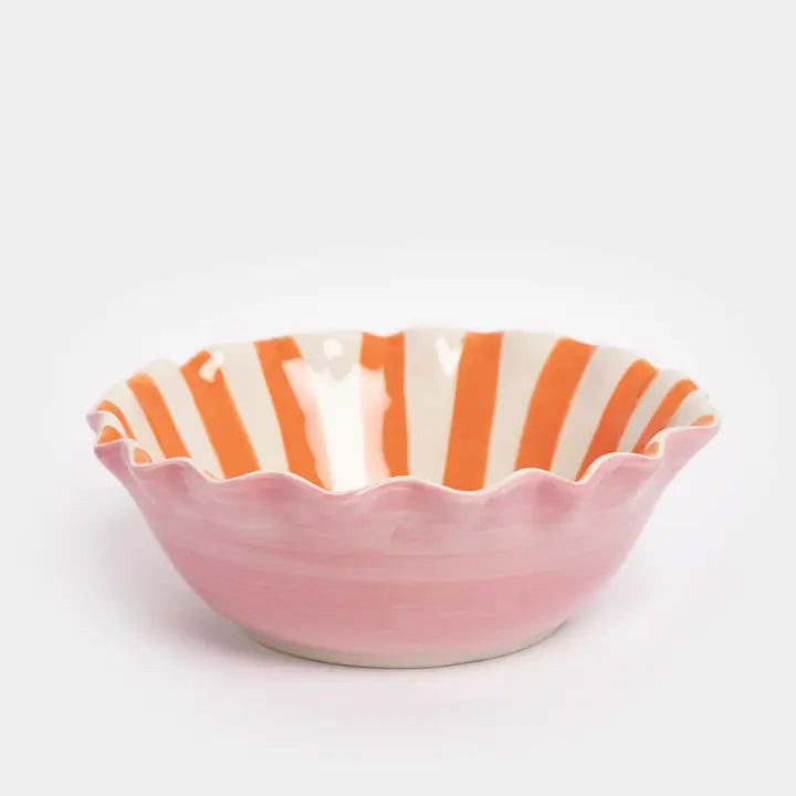 Coral Inside Stripe/Layered Hearts Frilly Bowl by Caroline Gardner - Set of 4