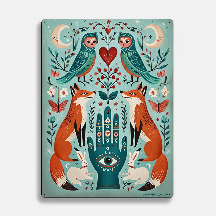 Fox Owl Moon Hand Eye Scandinavian Folk Metal Sign Plaque