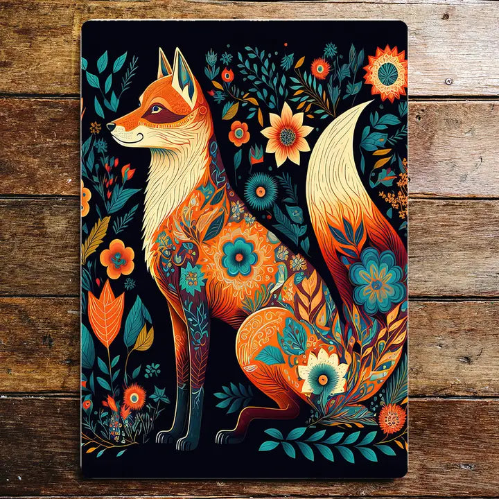 Fox Leaves Blue Flowers Metal Sign Plaque