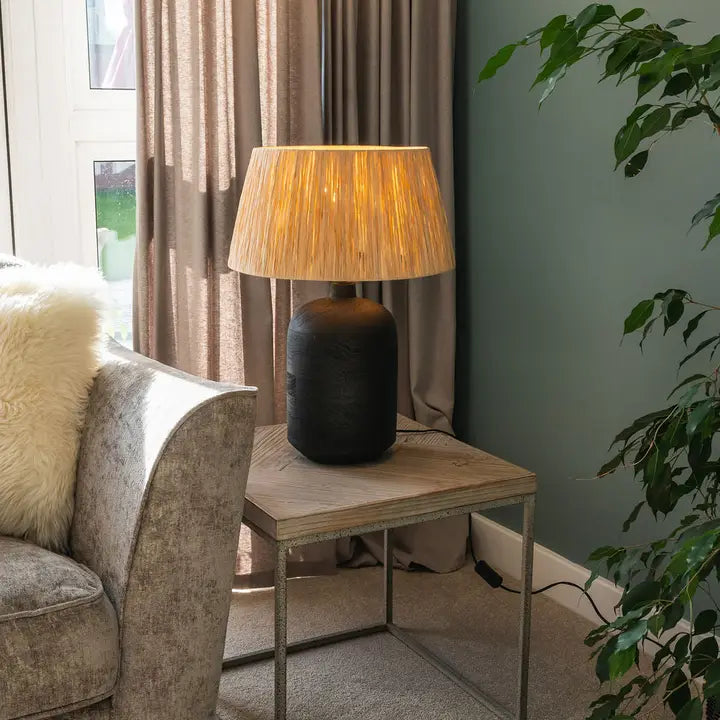 Easton, Black Sandblasted Large Table Lamp with Raffia Shade - 56cm