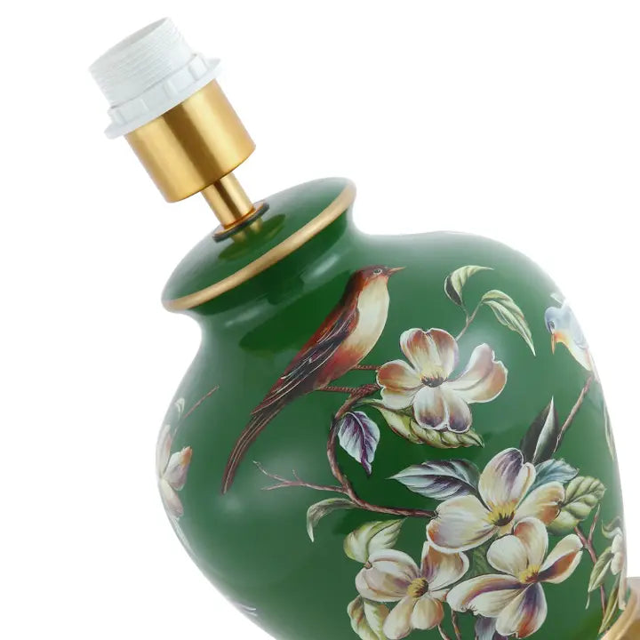 Deep Forest Green Ceramic Gloss Table Lamp Base with Birds and Floral Decoration - 35cm