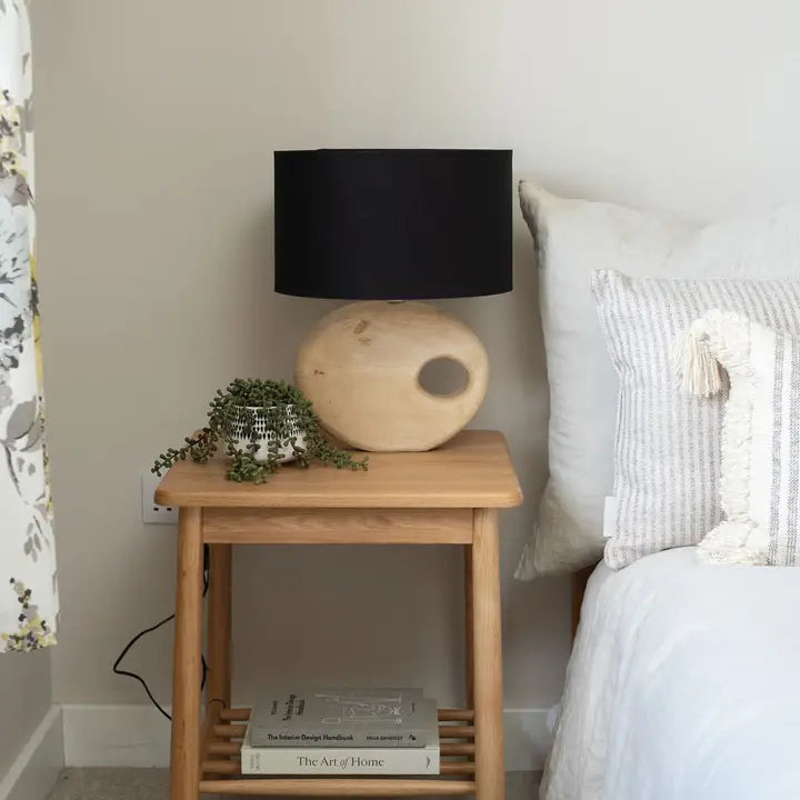 Badminton, Light Sandblasted Wooden Table Lamp with Black Cotton Shade - 44cm