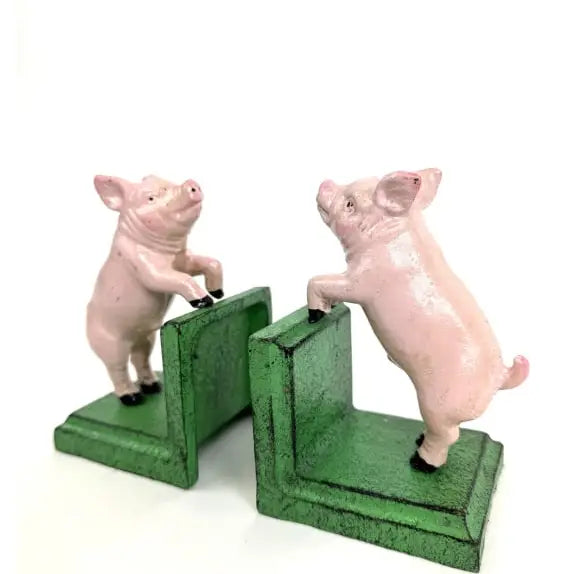 Cast Iron Antiqued Pair of Pigs Bookends - 14.5cm