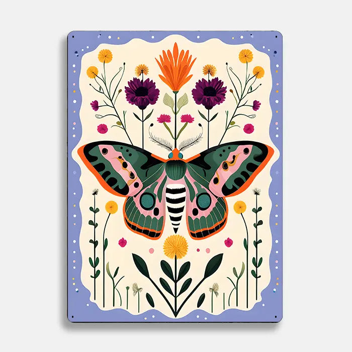 Moth Butterfly Flowers Scandinavian Folk Metal Sign Plaque