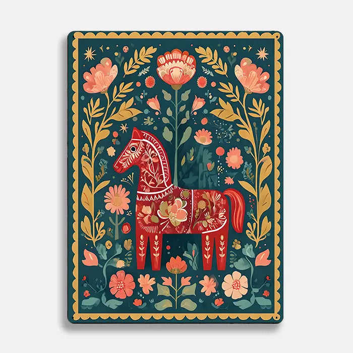 Dala Red Horse Flower Scandinavian Folk Metal Sign Plaque