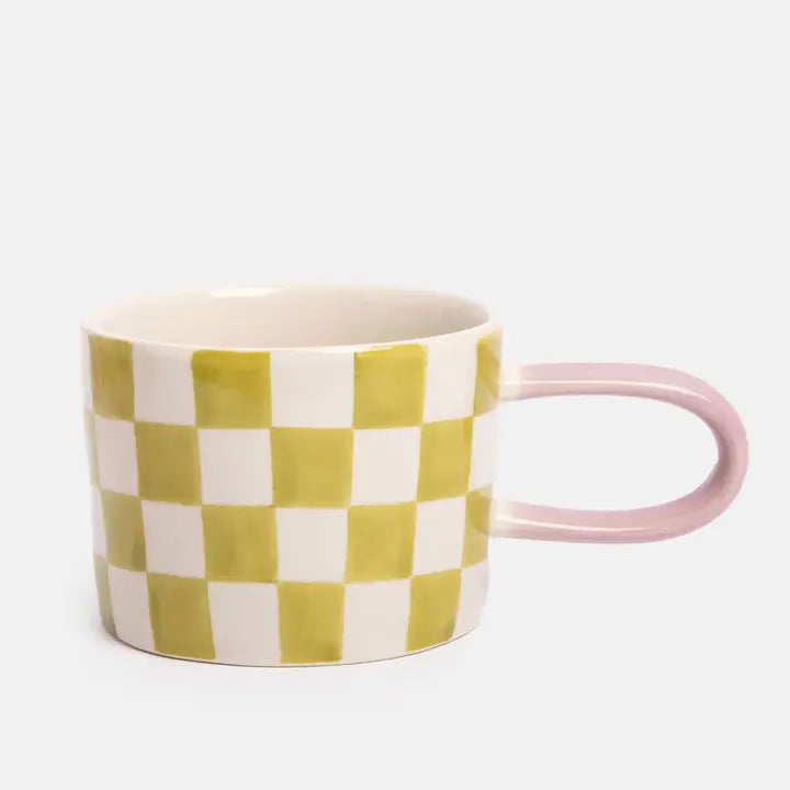 Green Check Ceramic Mug by Caroline Gardner - Set of 4 - 14.5cm