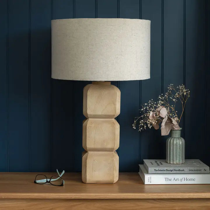 Pensford, Large Carved Wooden Table Lamp with Beige Shade - 66cm