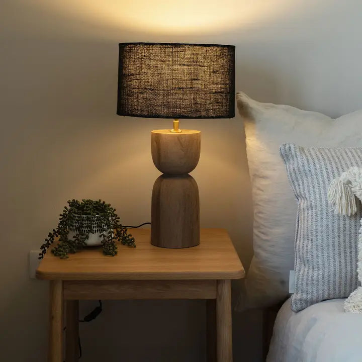 Mells, Tall Light Sandblasted Wooden Large Table Lamp with Black Shade - 54cm