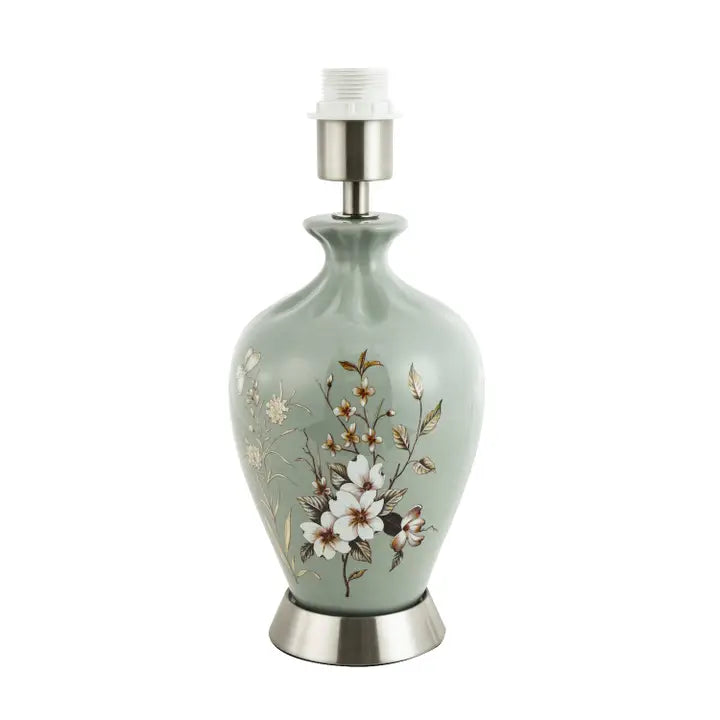 Ceramic Lamp Base in Dusty Duck Egg with Foliage and Floral Decor - 36cm