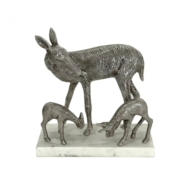 Warm Silver Antique Family of Deer Sculpture - 35.6cm