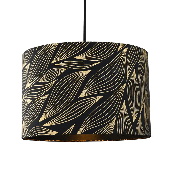 Designer Black Lamp Shade with Gold Foil Leaves with Inner - 12"