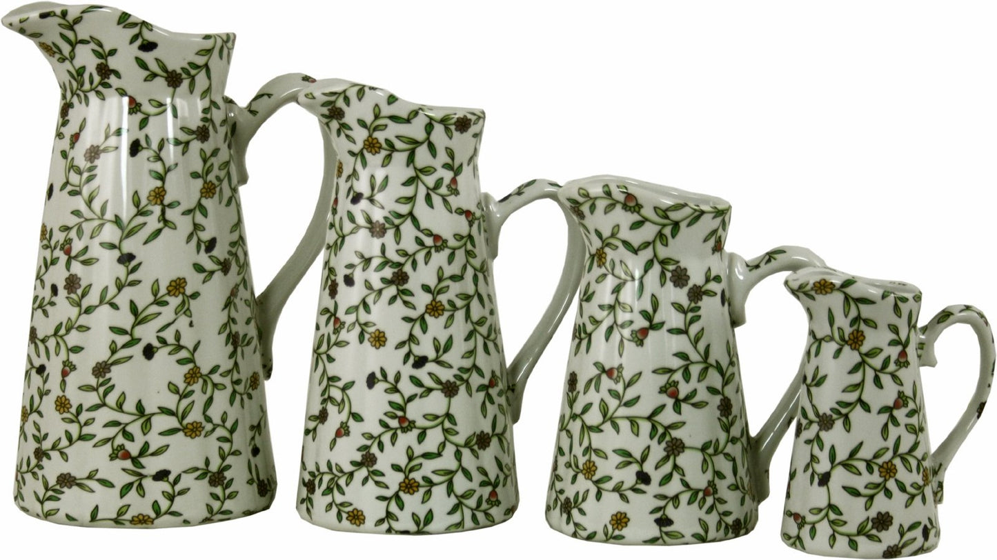 Vintage Style Green & White Floral Jug/Vases - Set of 4