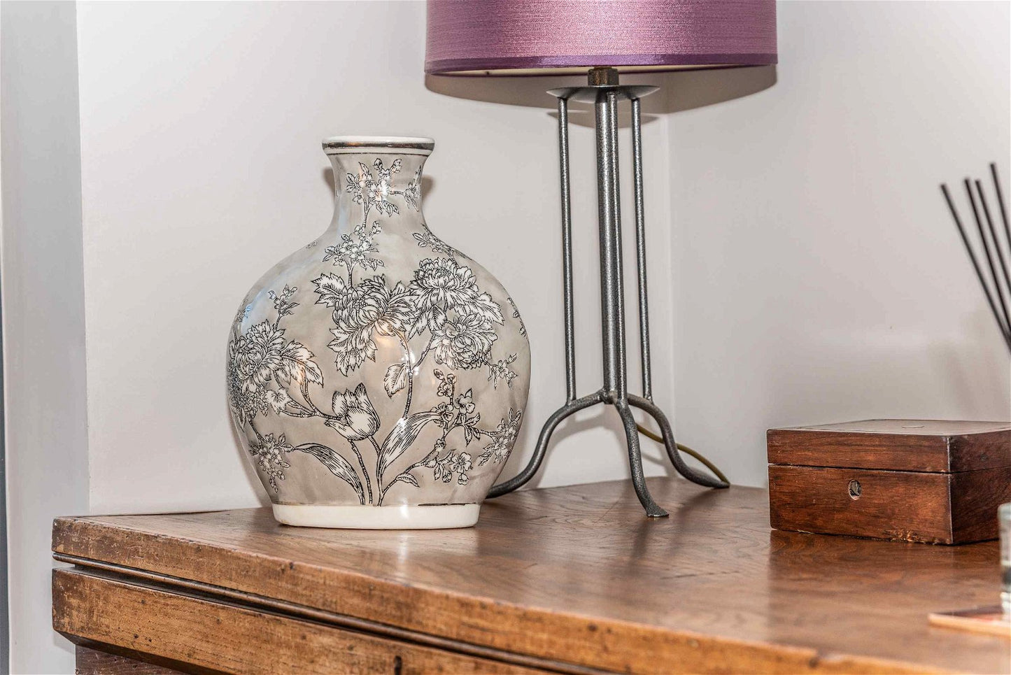 Peony Grey & White Bottle Vase - 32cm