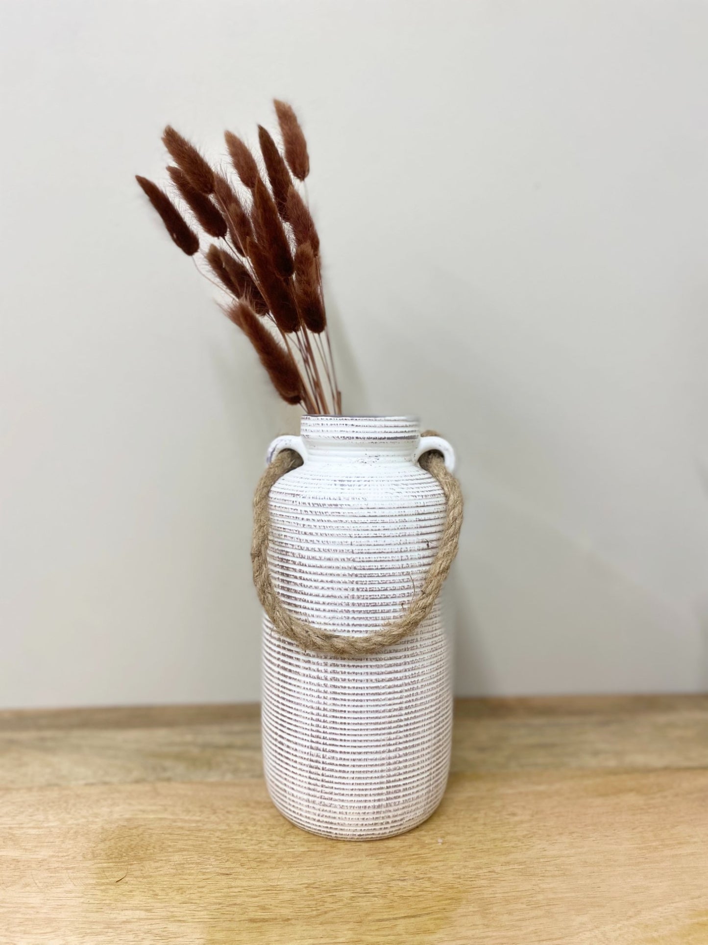 Ribbed Stone Vase with Rope Handle - 27cm