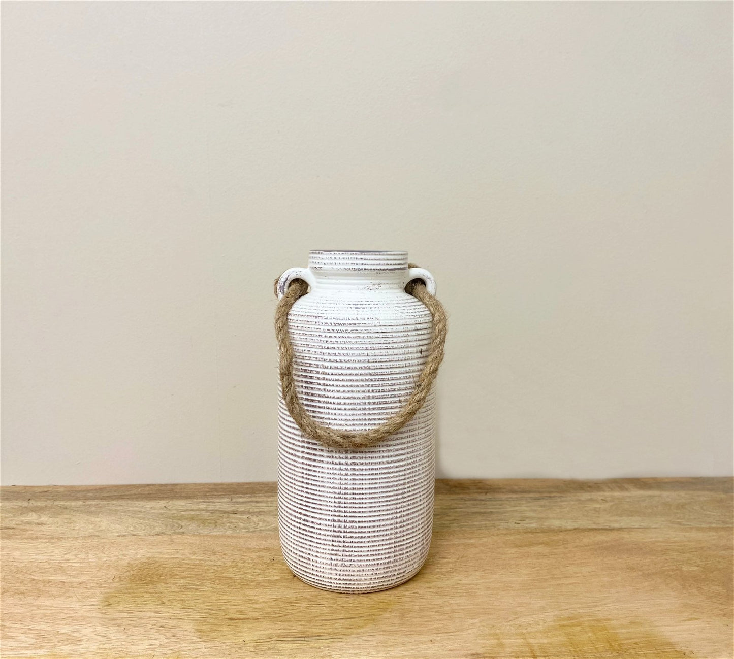 Ribbed Stone Vase with Rope Handle - 27cm