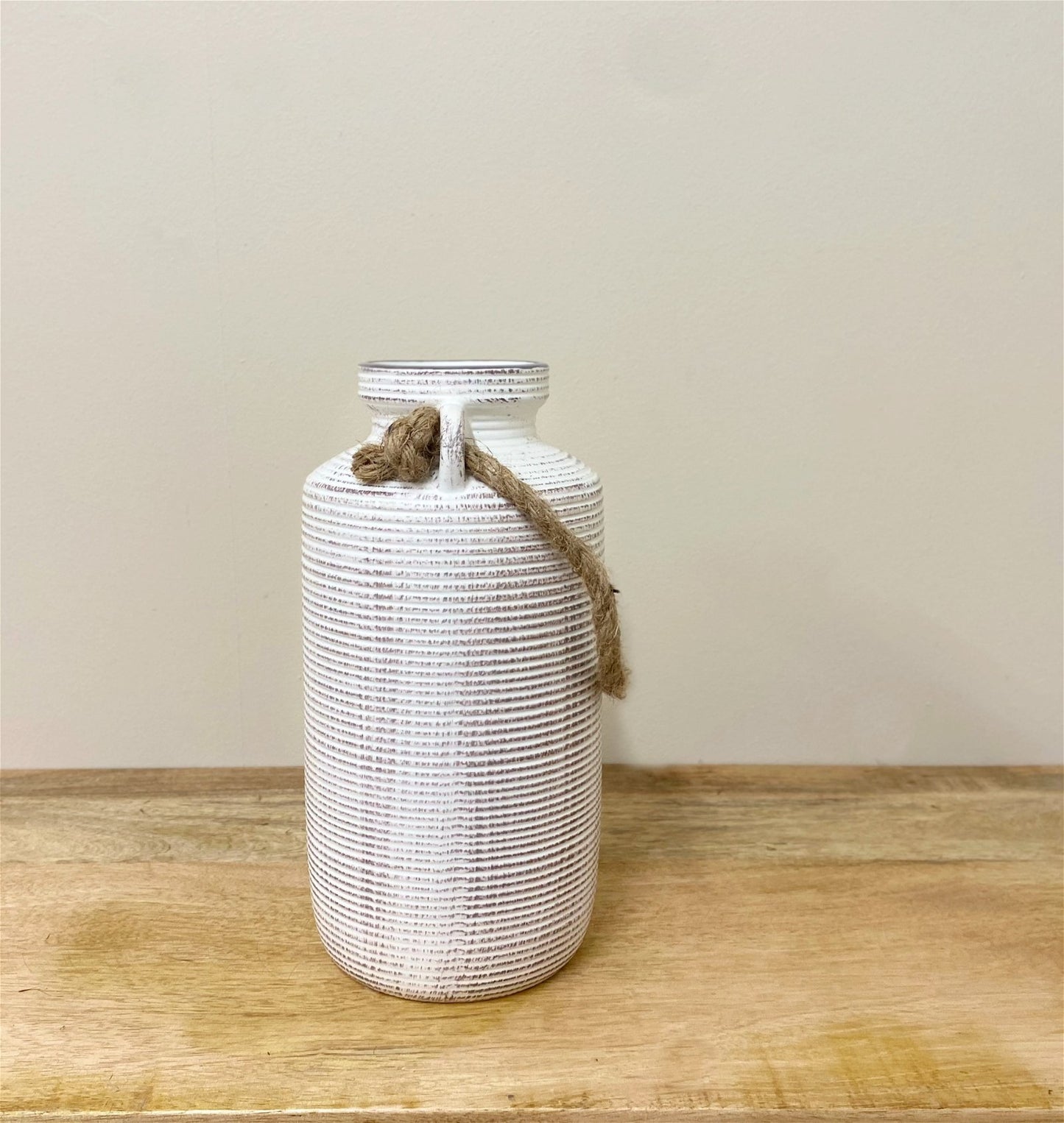 Ribbed Stone Vase with Rope Handle - 27cm