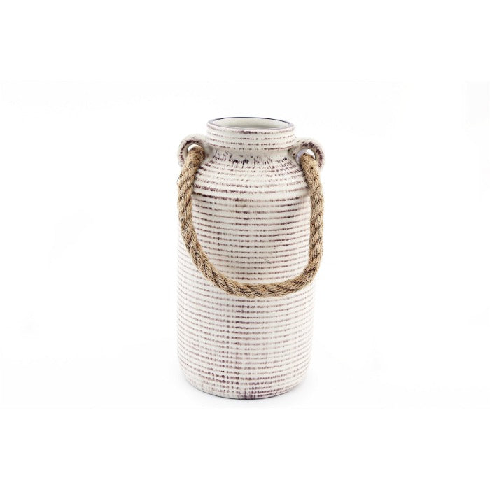 Ribbed Stone Vase with Rope Handle - 27cm