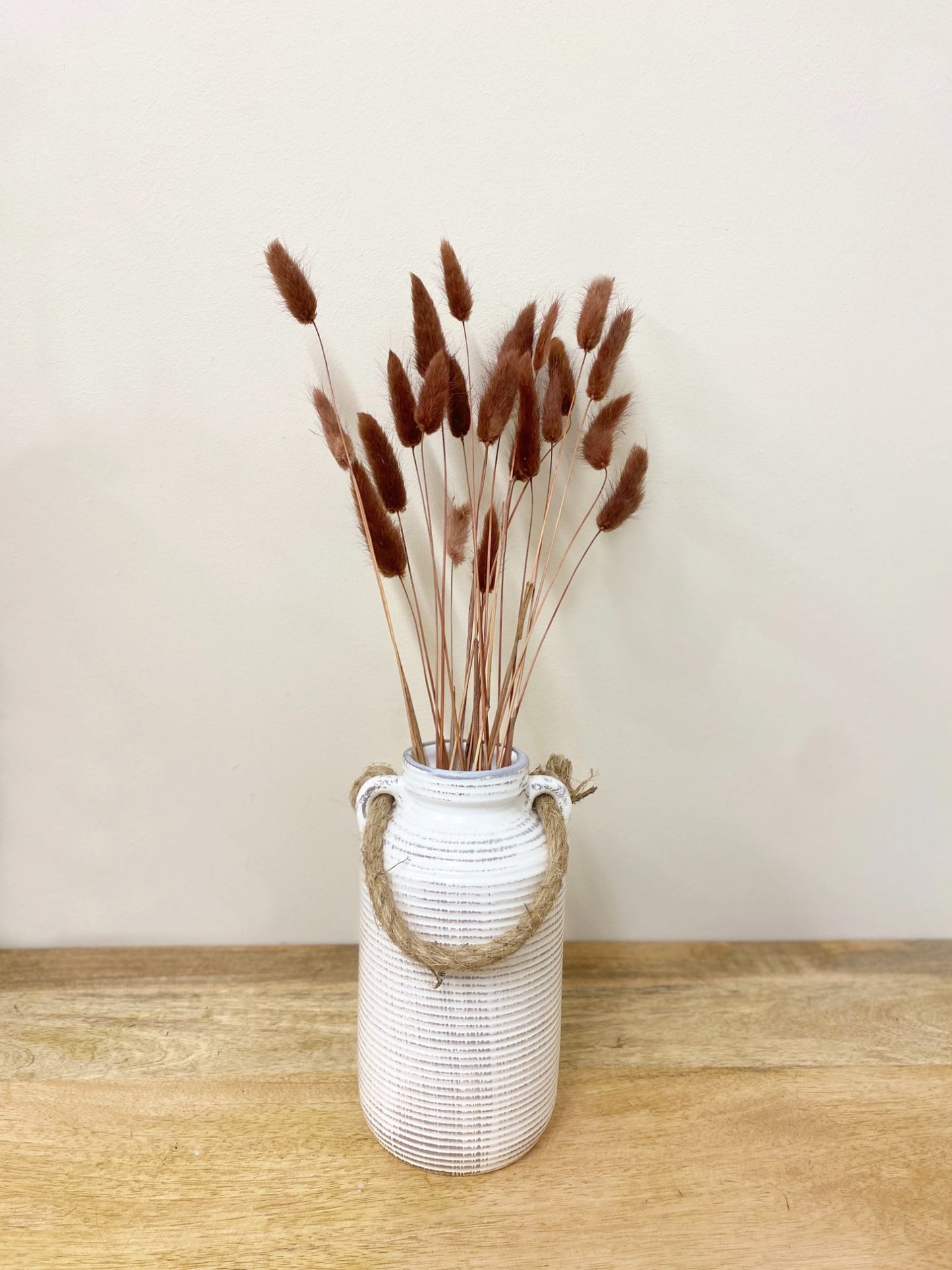 Ribbed Stone Vase with Rope Handle - 20cm
