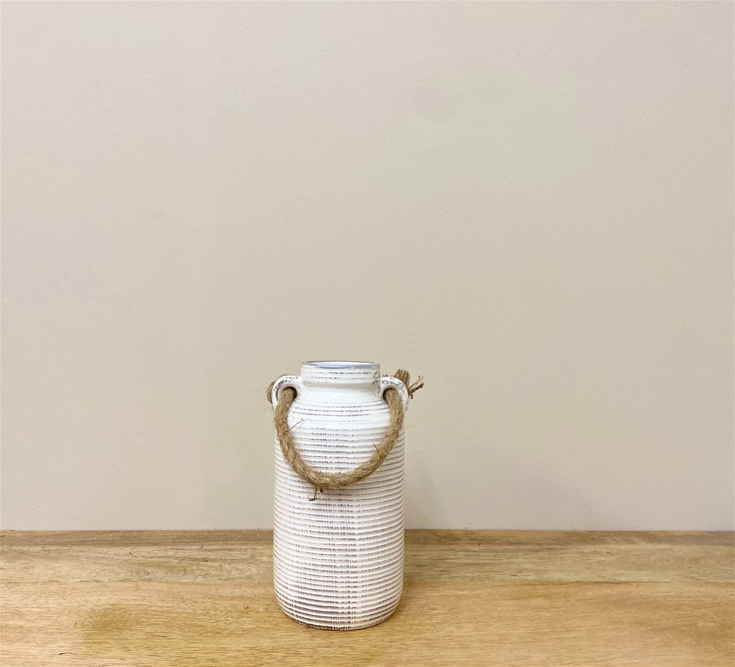 Ribbed Stone Vase with Rope Handle - 20cm