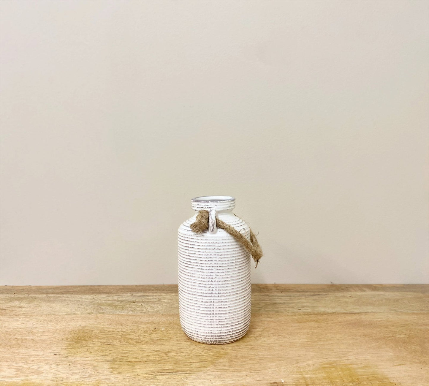 Ribbed Stone Vase with Rope Handle - 20cm