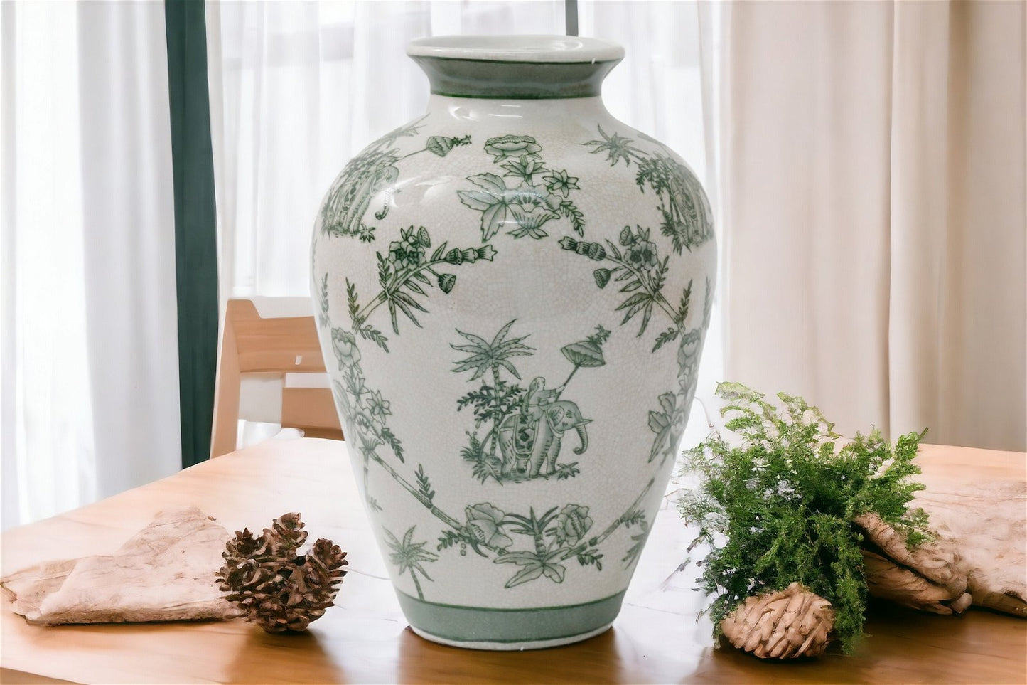 Vintage Style White and Green Ceramic Willow Vase - 30cm