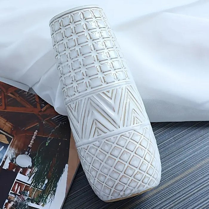 White Embossed Ceramic Vase - 19.2cm