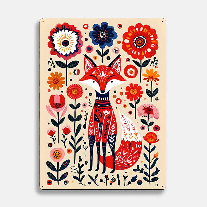 Fox Illustration Flowers Scandinavian Folk Metal Sign Plaque