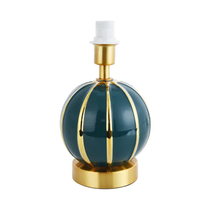 Classic Dark Teal Gloss Ceramic Spherical Table Lamp with Polished Gold Stripes - 24cm
