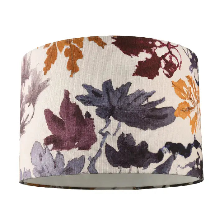 Floral Themed Linen Fabric Lamp Shade with Coloured Watercolour Leaves - 12"
